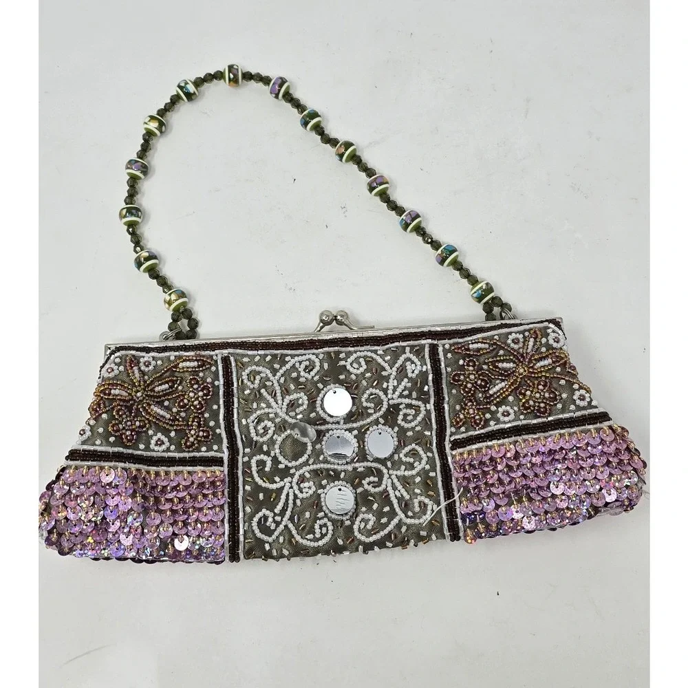 Y2K Vtg beaded sequin mirror clutch women evening bag club wear festival retro